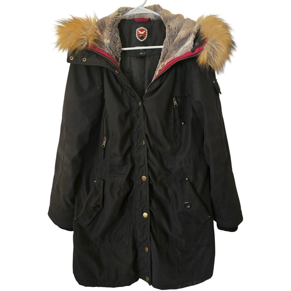 1 Madison Expedition Heritage Collection Black Faux Fur Hooded Parka Coat Large